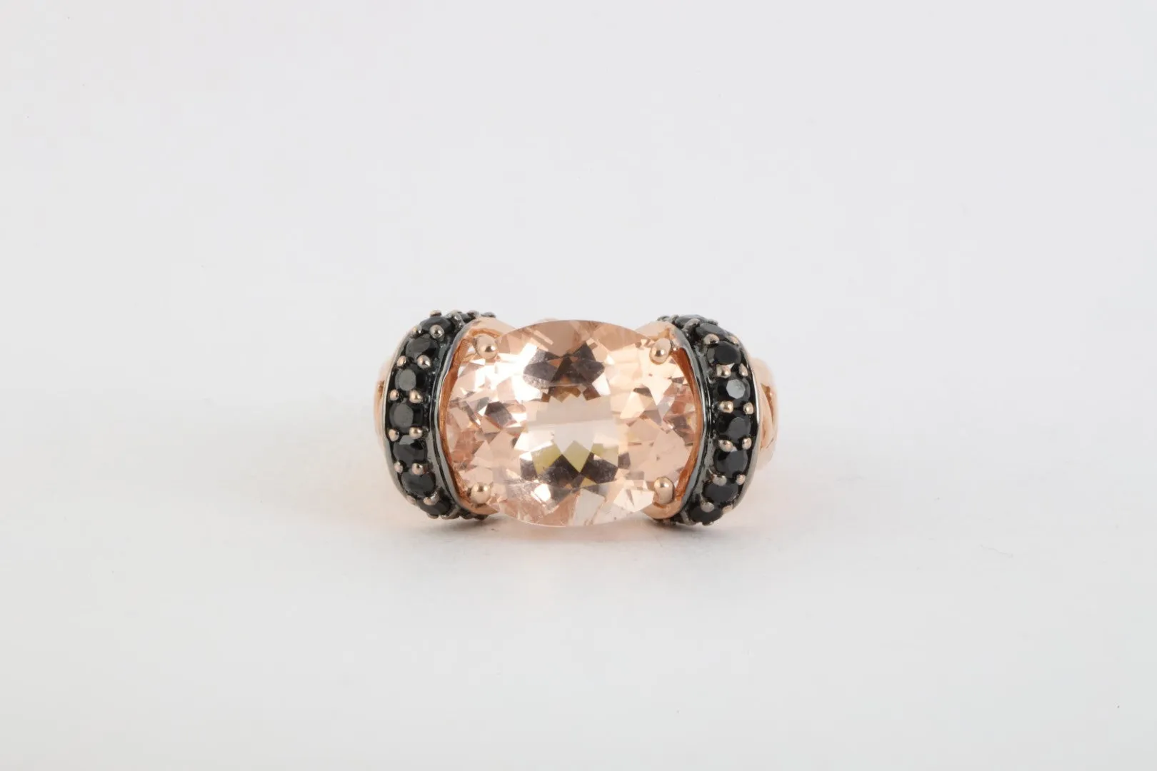 14k Rose Gold 8.55tcw Rose Quartz & 0.73tcw Black Diamond Ring Size 5 (5.69g.)