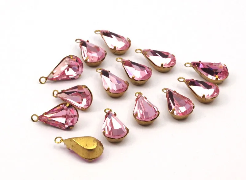 5 Rose Pink Swarovski Crystal Drop with Raw Brass Prong Setting 13x8 mm Y310 Y062