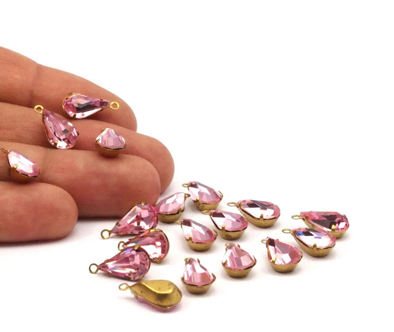 5 Rose Pink Swarovski Crystal Drop with Raw Brass Prong Setting 13x8 mm Y310 Y062