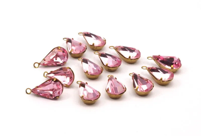 5 Rose Pink Swarovski Crystal Drop with Raw Brass Prong Setting 13x8 mm Y310 Y062