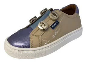 Atlanta Mocassin Girl's Patent Leather Stud Sneaker, Violet/Beige/Blue