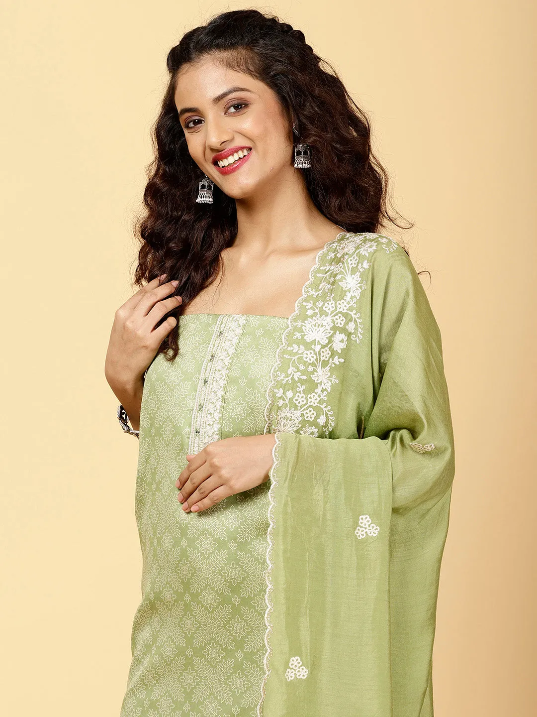 Bandhani Printed Cotton Unstitched Suit Piece With Dupatta