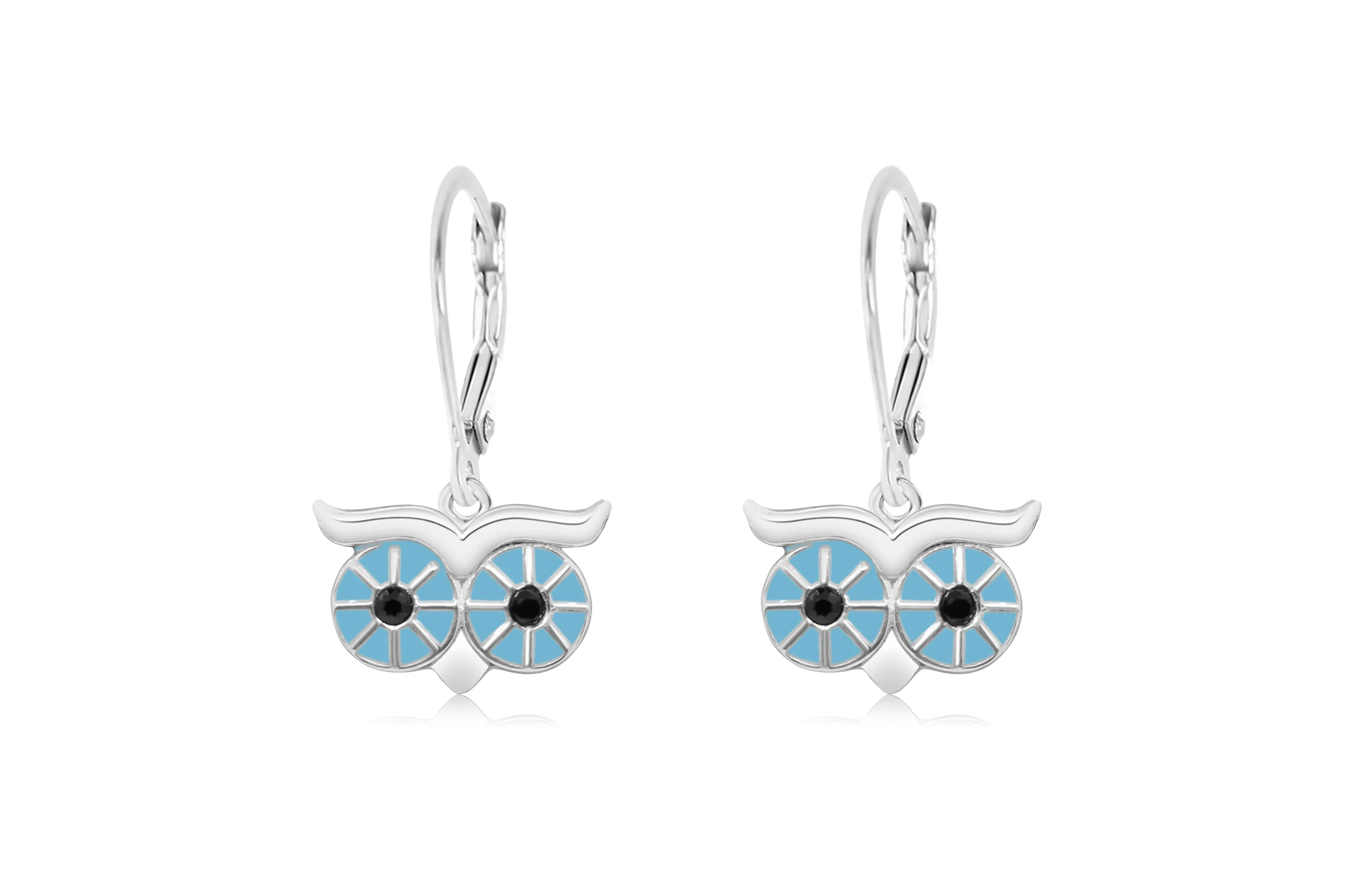 Blue Eye Owl Enamel White Gold Palladium Plating Girl's Leverback Earring