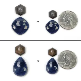 BLUE SILVER And Chocolate SAPPHIRE Gemstone Rose & Step Cut : Natural Untreated Sapphire Hexagon Pear Cushion Shape 2pcs