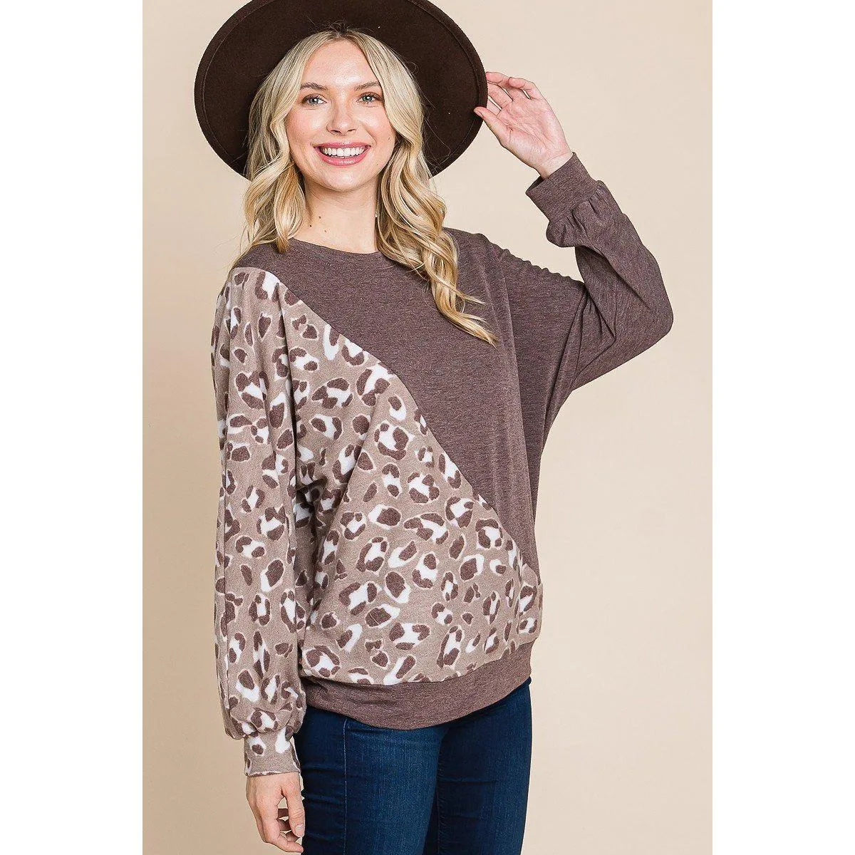 Cute Animal French Terry Brush Contrast Print Pullover With Cuff Detail