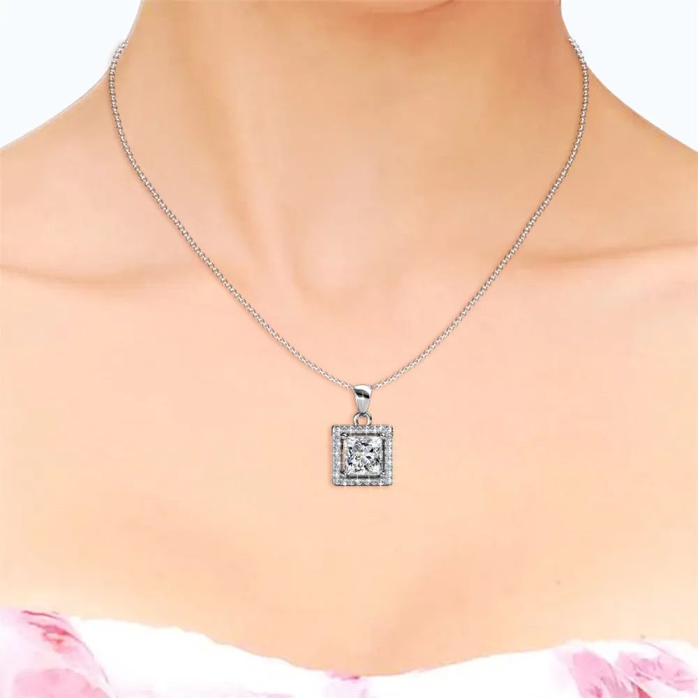 Ekatrina Pure 18k White Gold Plated Halo Pendant Necklace with Sparkling Square Cut Swarovski Crystal