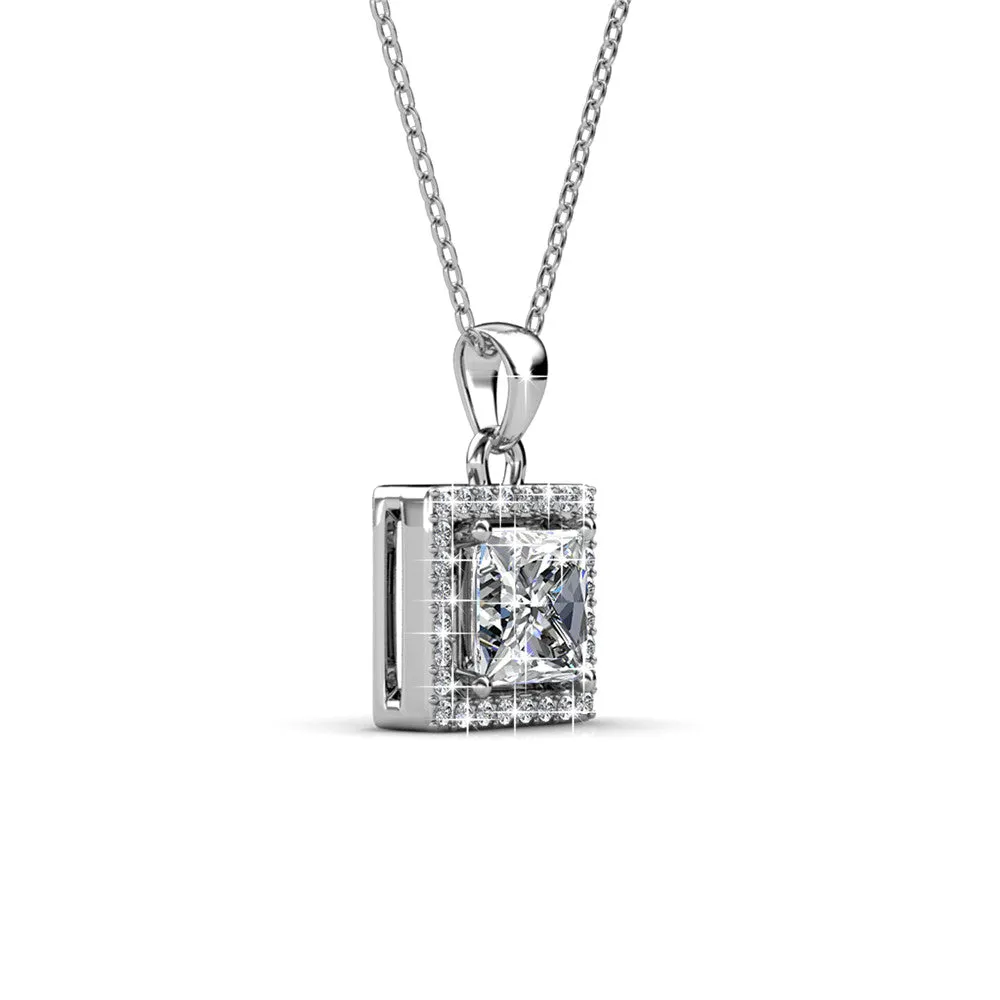 Ekatrina Pure 18k White Gold Plated Halo Pendant Necklace with Sparkling Square Cut Swarovski Crystal