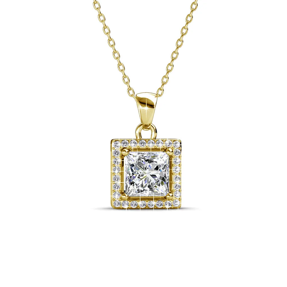 Ekatrina Pure 18k White Gold Plated Halo Pendant Necklace with Sparkling Square Cut Swarovski Crystal