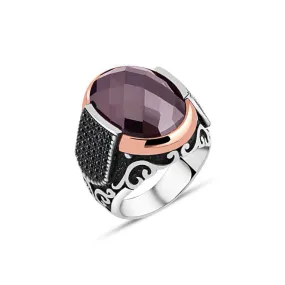 Ellipse Facet Cut Amethyst Stone Silver Men's Ring Siding Zircons in Epaulet Shape