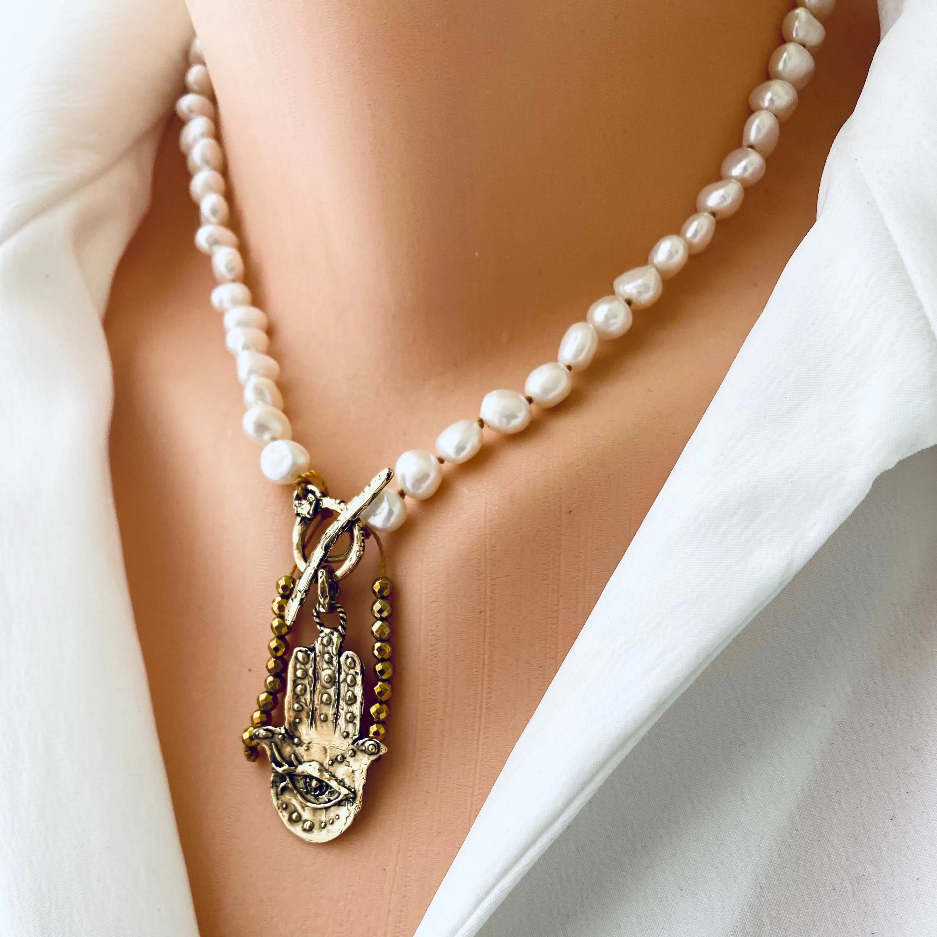 Fresh Water Pearl Toggle Necklace with Artisan Gold Bronze Hamsa Charm Pendant, 17.5in