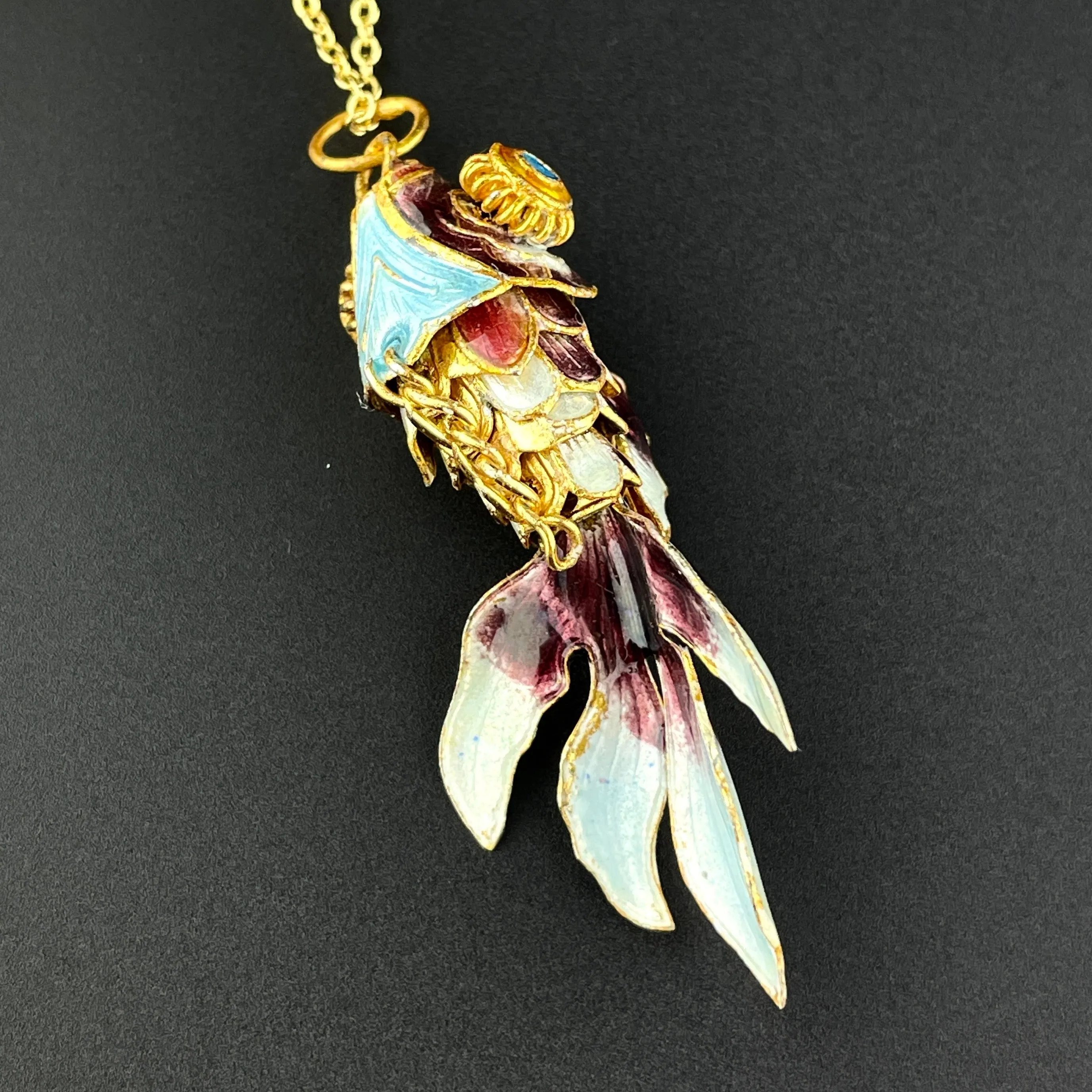 Gold Vermeil Purple Enamel Articulated Koi Fish Pendant Necklace