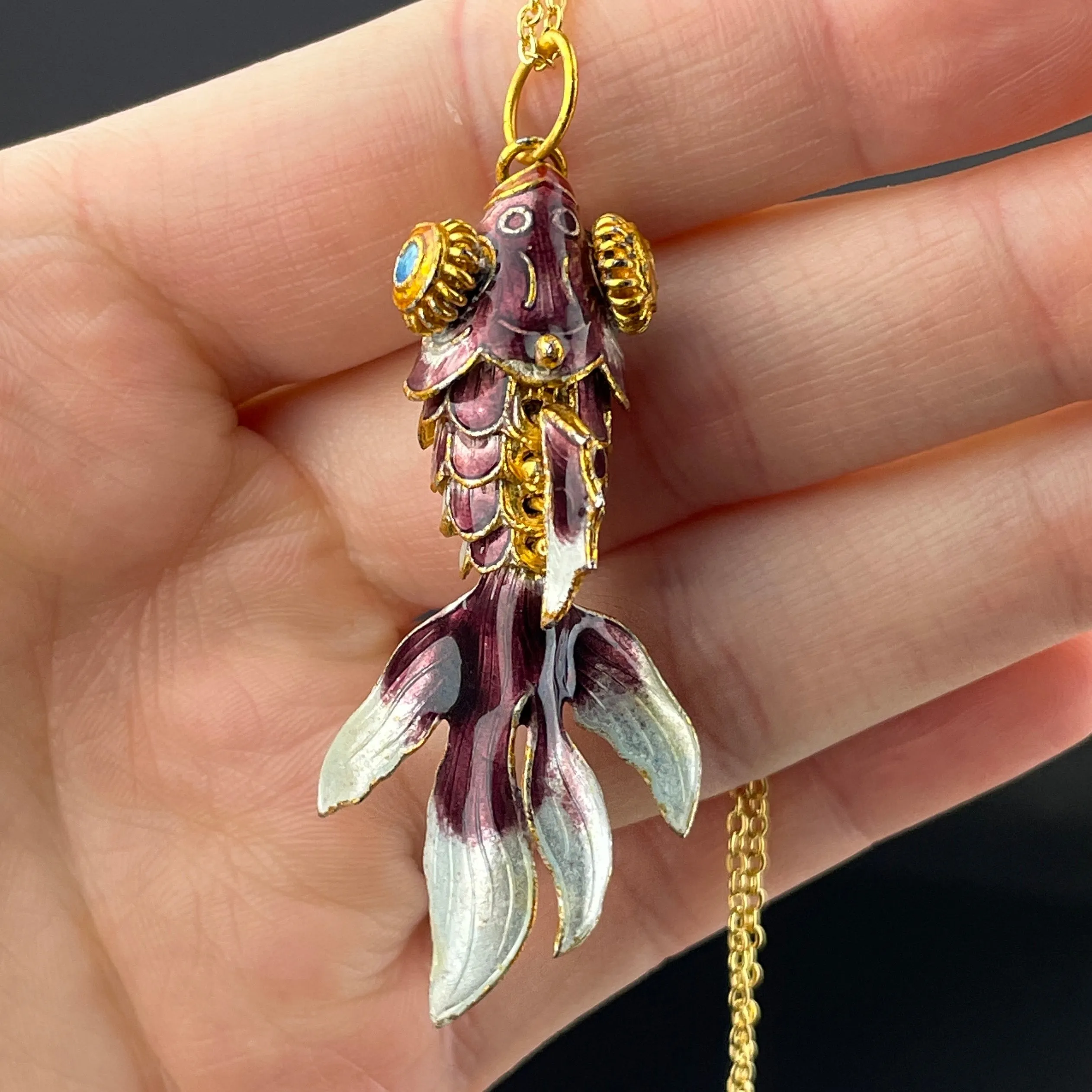 Gold Vermeil Purple Enamel Articulated Koi Fish Pendant Necklace