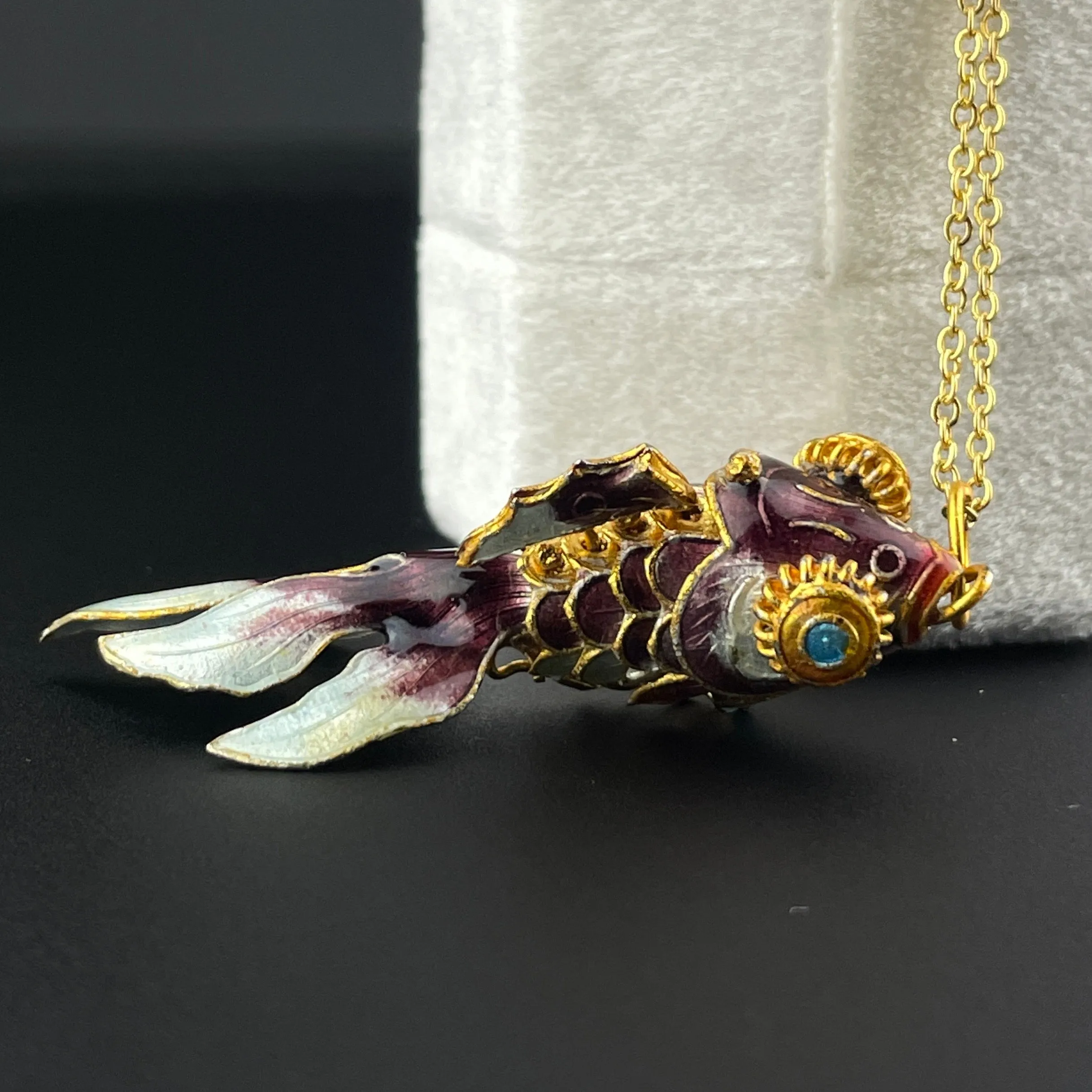 Gold Vermeil Purple Enamel Articulated Koi Fish Pendant Necklace