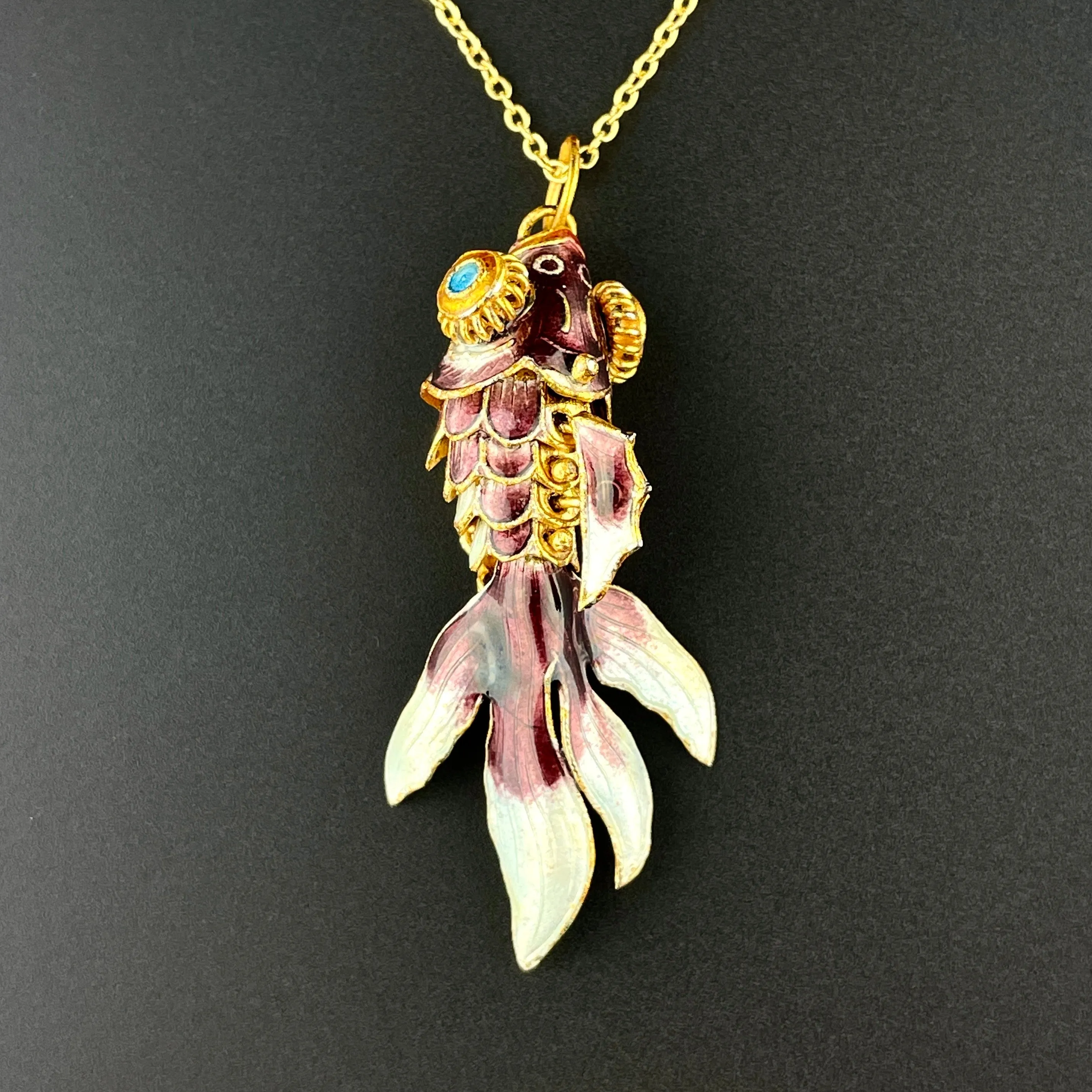 Gold Vermeil Purple Enamel Articulated Koi Fish Pendant Necklace