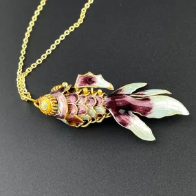 Gold Vermeil Purple Enamel Articulated Koi Fish Pendant Necklace