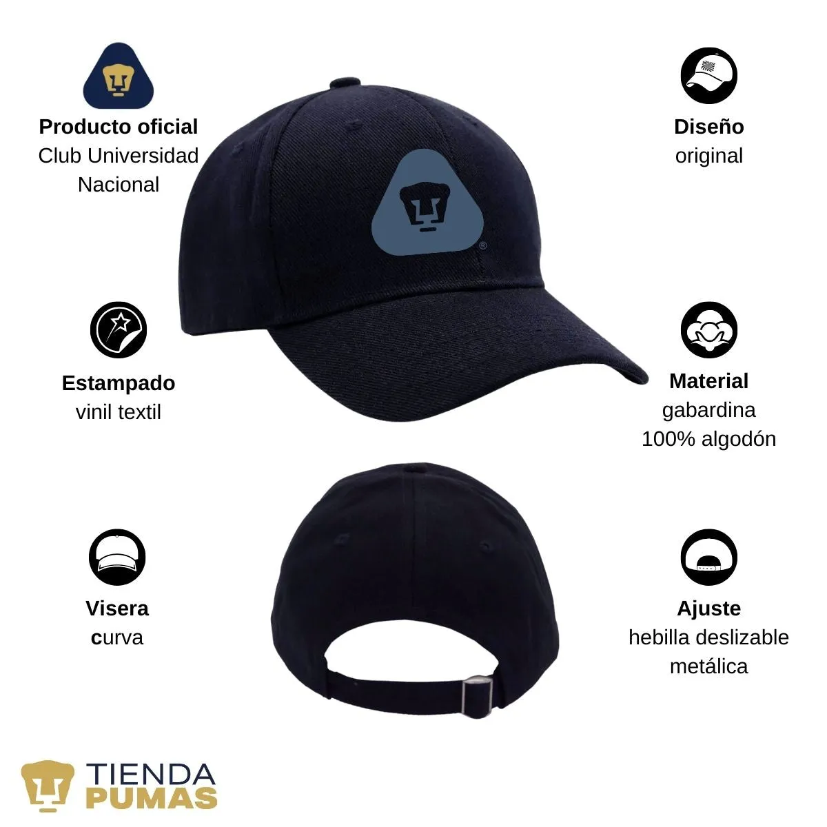 Gorra Pumas UNAM Hombre Mujer Ajustable Emblema Azul 4 Vinil