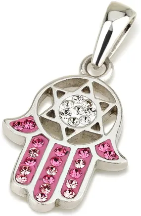 Hamsa Pendant in Sterling Silver With Pink Crystals Gemstones