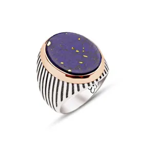 Lapis Stone Ellipse Silver Men’s Ring Siding Striped Pattern