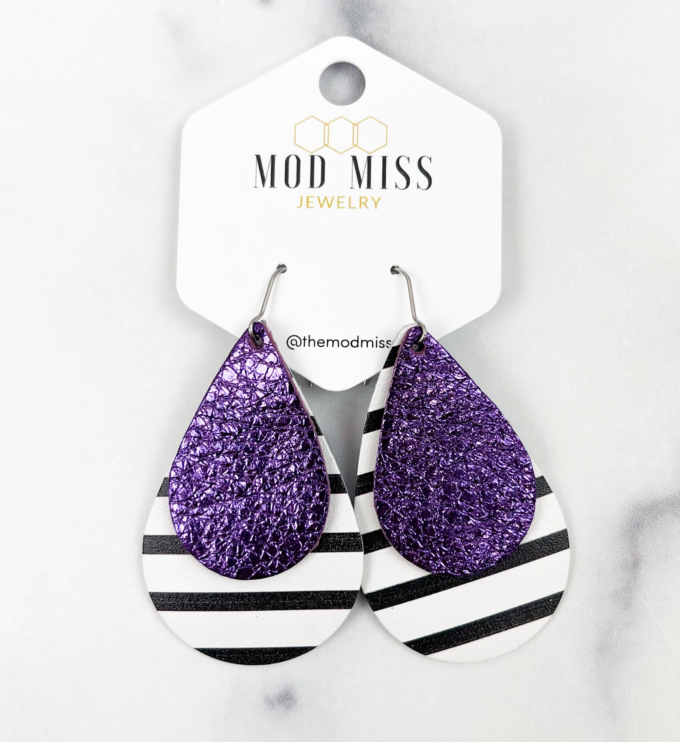 Leather Stacked Teardrop Earring Metallic Purple on Black & White Stripes (Thick Stripes)