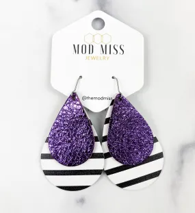 Leather Stacked Teardrop Earring Metallic Purple on Black & White Stripes (Thick Stripes)