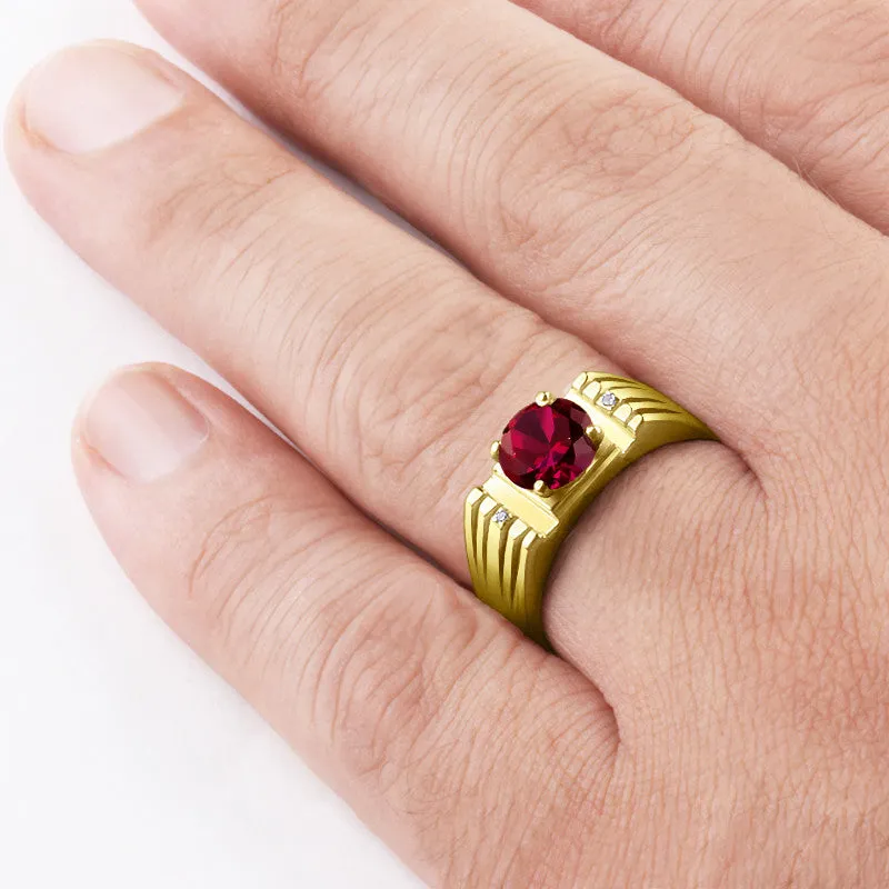 Men's Ring with Red Ruby and Genuine Diamonds in 14k Yellow Gold