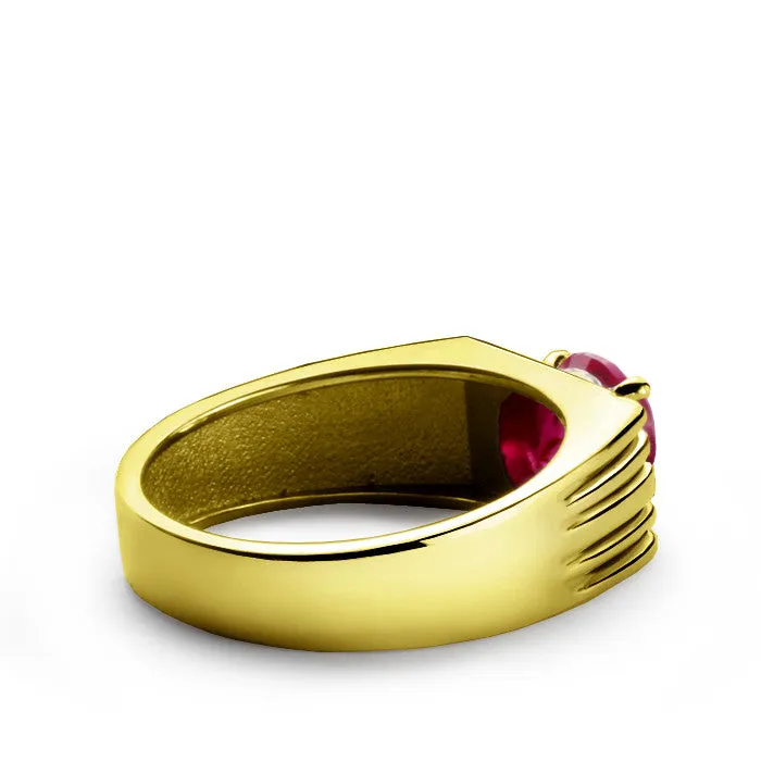 Men's Ring with Red Ruby and Genuine Diamonds in 14k Yellow Gold