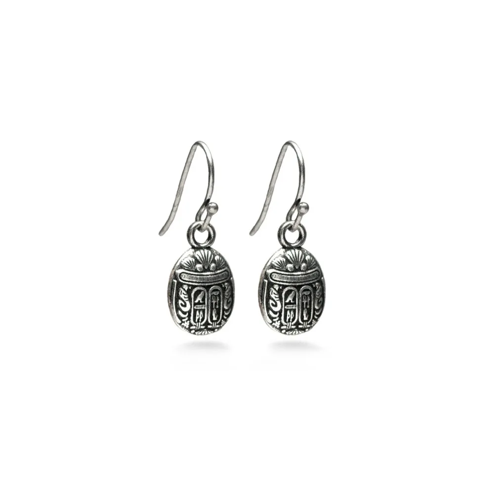 Mini Antique Silver Finish Scarab Earrings