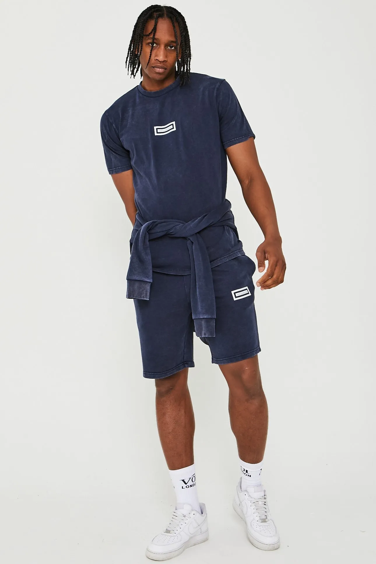 Orton Street Acid Wash Hoodie, T-Shirt & Shorts Set - Navy