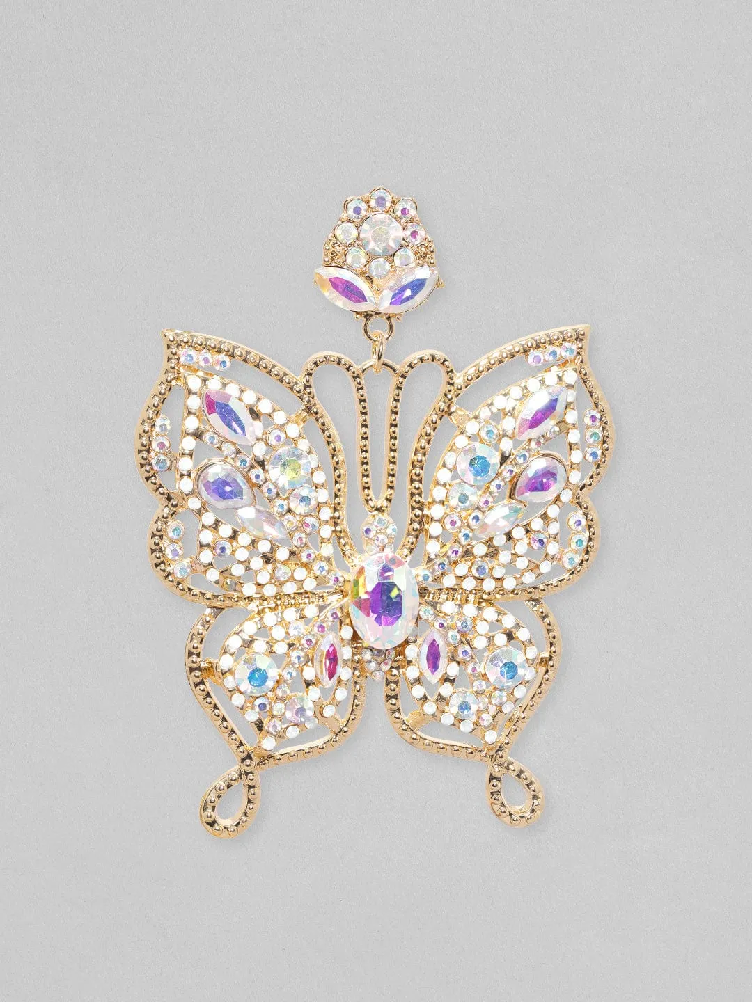 Rubans Voguish 18K Gold Toned White Zircons Studded Butterfly Dangle Earrings