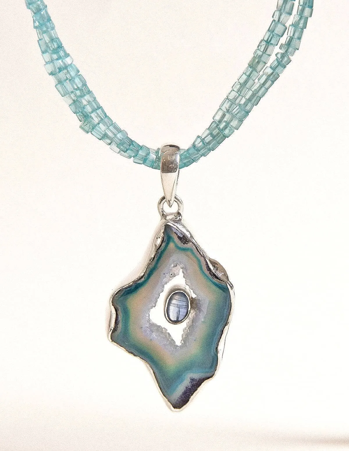 Seafoam Agate Geode on Aquamarine Beaded Necklace - One of a Kind