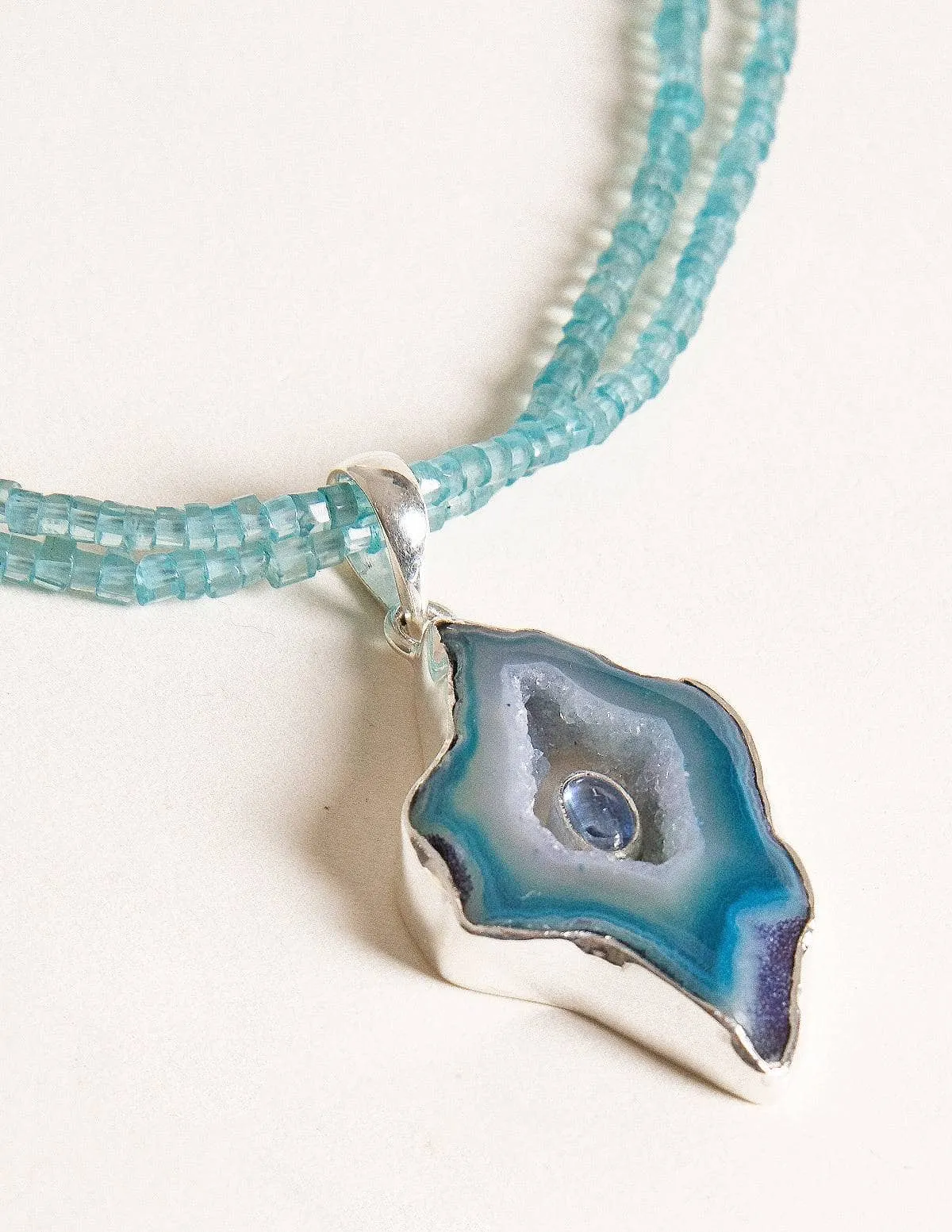 Seafoam Agate Geode on Aquamarine Beaded Necklace - One of a Kind