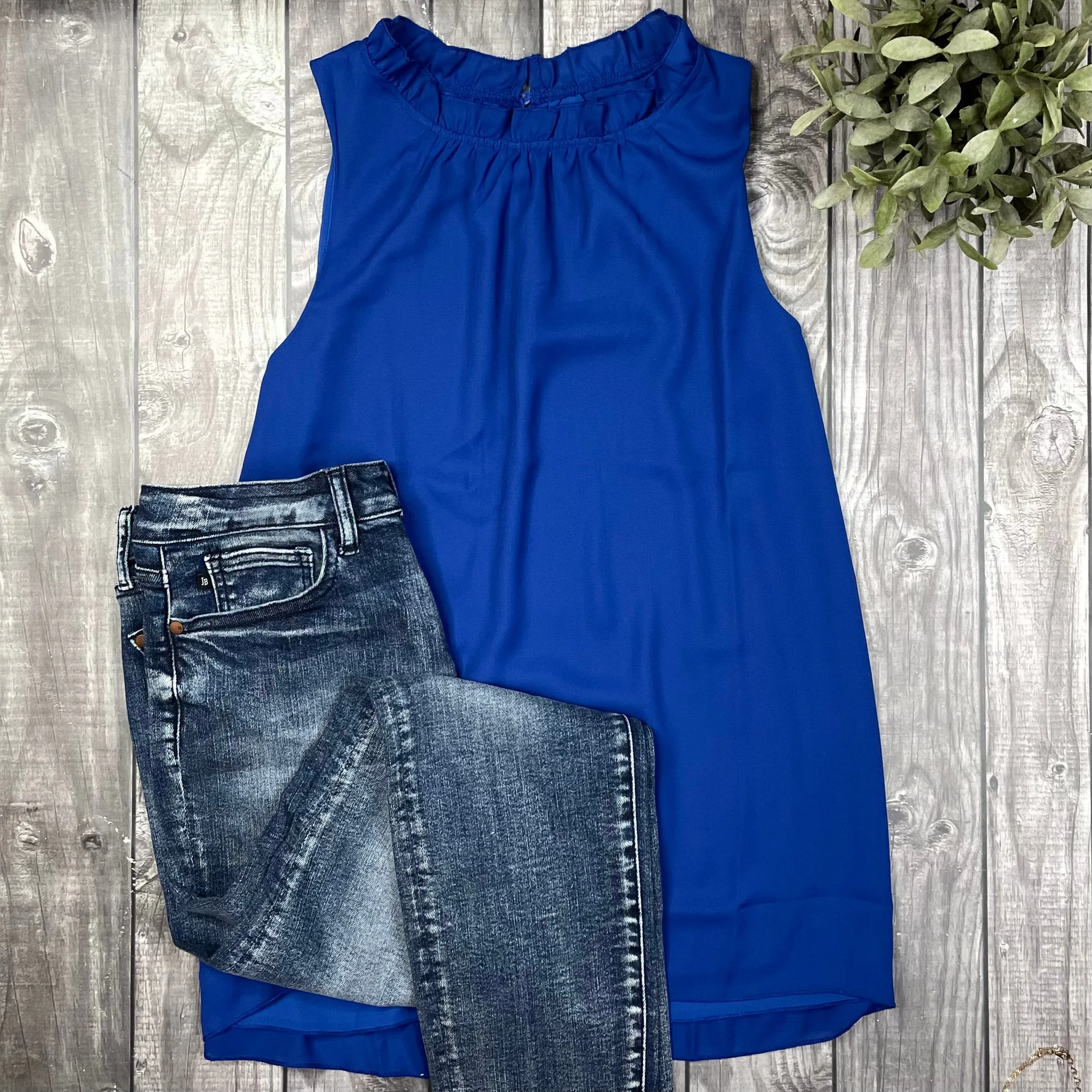 SIZE L: LOVE LETTER RUFFLE TANK - BLUE