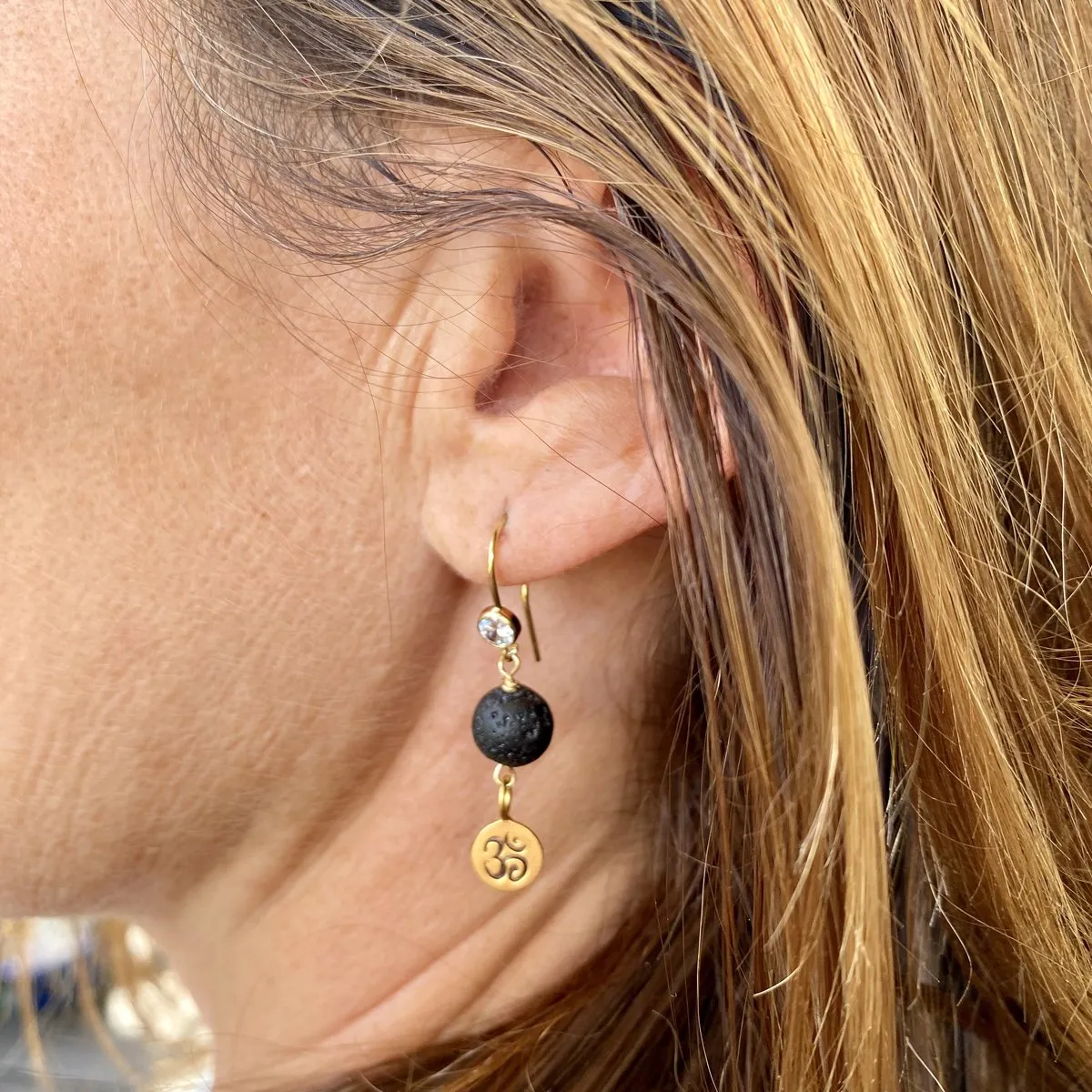 Yoga Inspired Lava Stone Earrings with Ohm Charm to Hear the Sound of the Universe