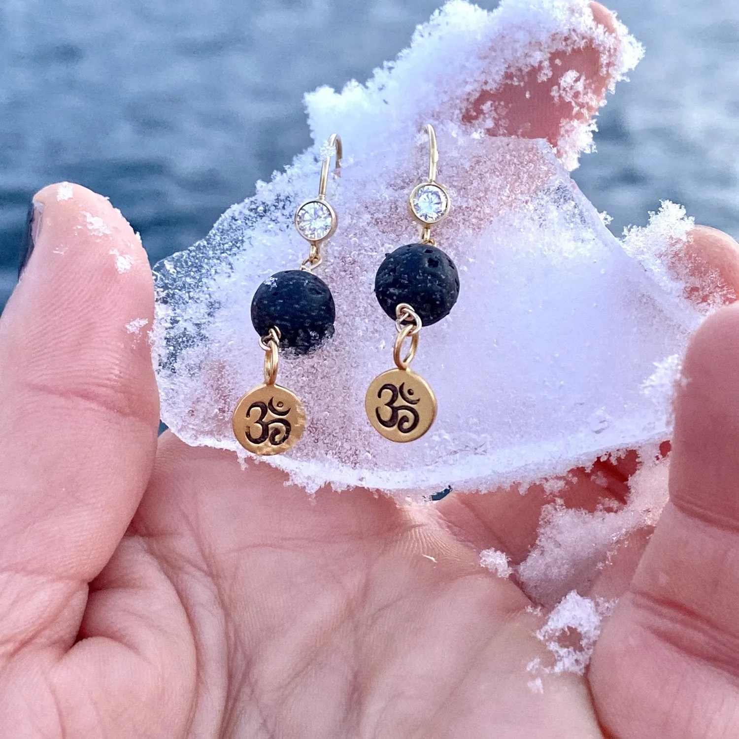 Yoga Inspired Lava Stone Earrings with Ohm Charm to Hear the Sound of the Universe