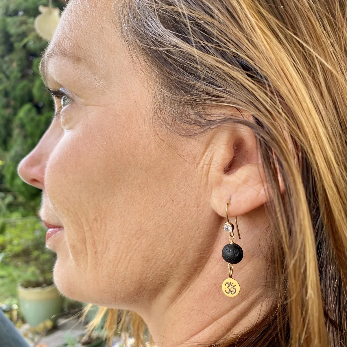 Yoga Inspired Lava Stone Earrings with Ohm Charm to Hear the Sound of the Universe